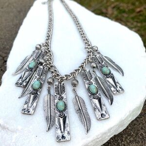 Southwestern Silver Tone Feathers and Faux Turquoise Statement Necklace Country
